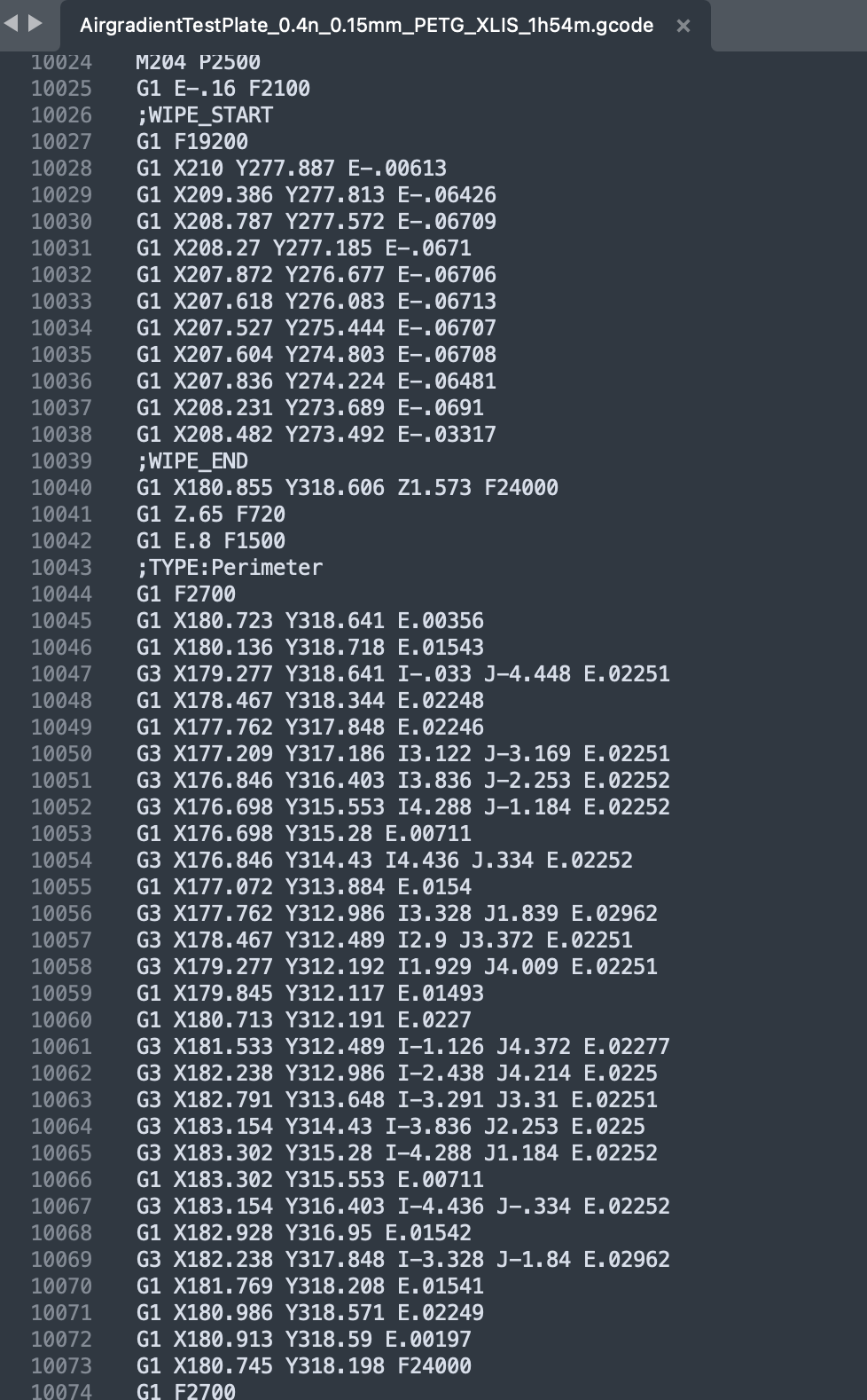 Líneas 10024-10074 del código G generado al laminar el modelo 3D.