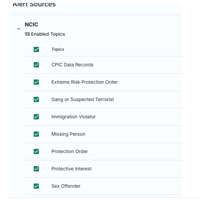 Captura de pantalla de una lista de temas de hotlist del NCIC